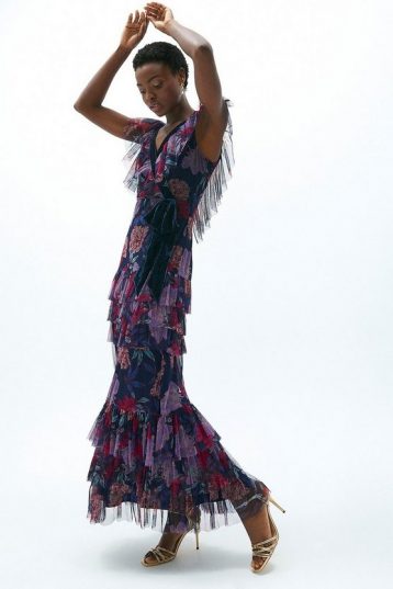 Coast Tulle And Velvet Mix Wrap Floral Bridesmaid Maxi Dress Purple Multi