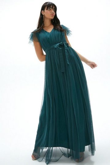 Coast Tulle V-Neck Tie Belt Maxi Dress, Forest Green