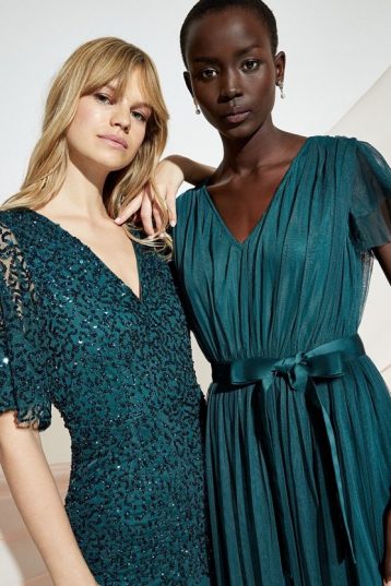 Coast Tulle V-Neck Tie Belt Maxi Dress, Forest Green