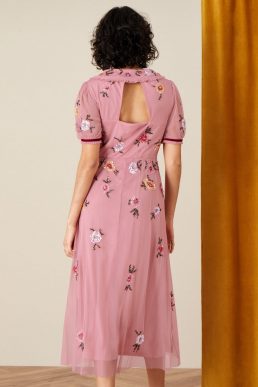 Monsoon Charlotte Embellished Midi Dress in Recycled Fabric Pink/Multi