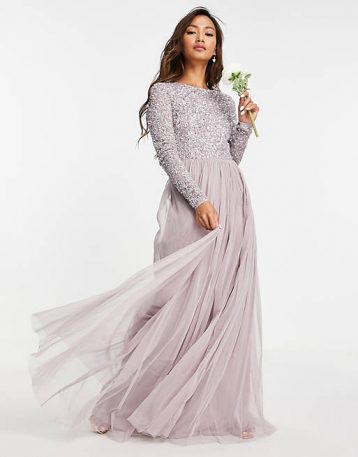 Maya Bridesmaid long sleeve maxi tulle dress tonal delicate sequins lilac grey