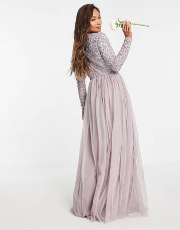 Maya Bridesmaid long sleeve maxi tulle dress tonal delicate sequins lilac grey