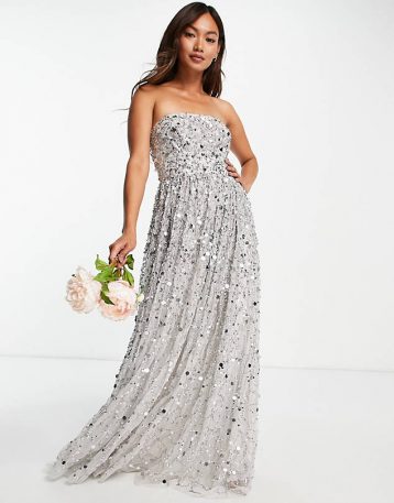 Maya Bridesmaid maxi bandeau wedding dress 3D soft grey sequins