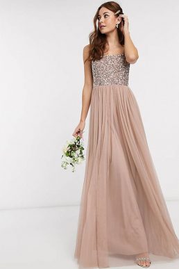 Maya Bridesmaid square neck maxi tulle dress sequin taupe blush