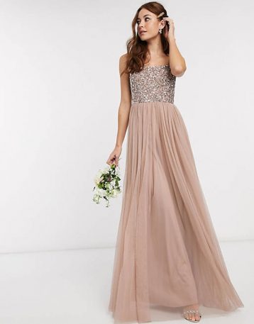 Maya Bridesmaid square neck maxi tulle dress sequin taupe blush