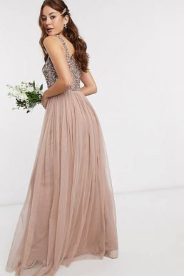 Maya Bridesmaid square neck maxi tulle dress sequin taupe blush