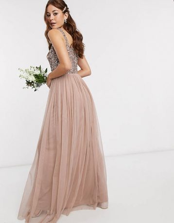 Maya Bridesmaid square neck maxi tulle dress sequin taupe blush