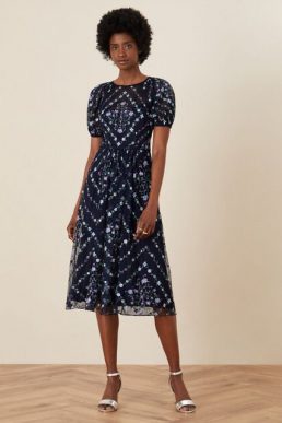 Monsoon Hele Floral Embroidered Midi Dress Navy Blue Multi