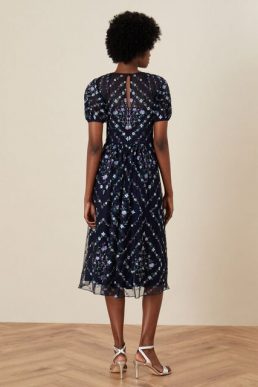 Monsoon Hele Floral Embroidered Midi Dress Navy Blue Multi