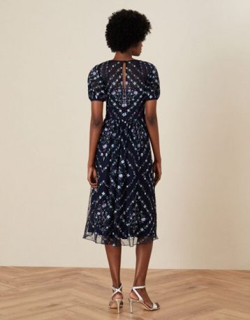 Monsoon Hele Floral Embroidered Midi Dress Navy Blue Multi