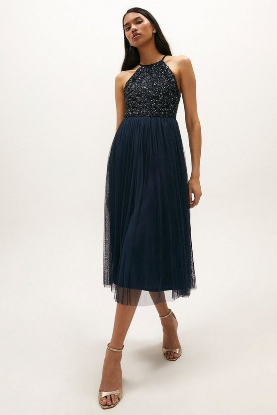 Halter Neck Sequin Bodice Midi Dress