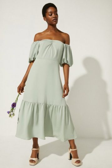 Oasis Bardot Ruched Front Midi Dress Pale Green Sage