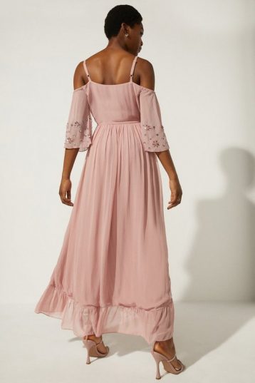 Oasis Embellished Cold Shoulder Wrap Midi Dress Blush Pink