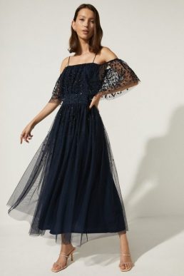 Oasis Embellished Mesh Bardot Midi Dress Navy Blue