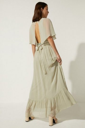 Oasis Plunge V Neck Embellished Waist Maxi Dress Sage Green