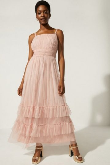 Oasis Strappy Mesh Tiered Maxi Dress Nude Blush Pink