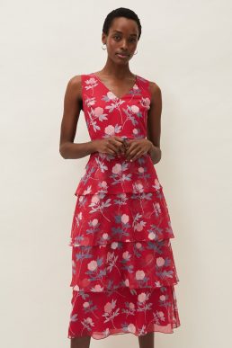 Phase Eight Antonella Floral Tiered Dress Red Raspberry Pink Multi