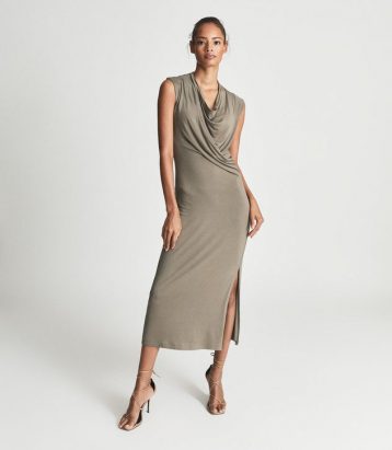 Reiss Leanne Fine Jersey Midi Dress Camel Brown