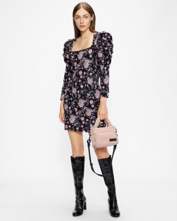 Ted Baker DRACENA Square neck floral mini dress Coral Black