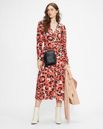 Ted Baker ISBEIL Rouleau Midi A-line Shirt Dress Coral Multi