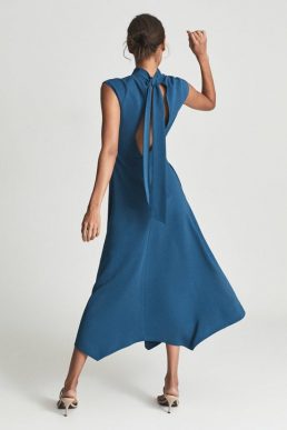 Reiss Livvy Open Back Midi Dress Teal Blue