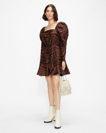 Ted Baker BRODII Puff shoulder animal print mini dress Black Brown