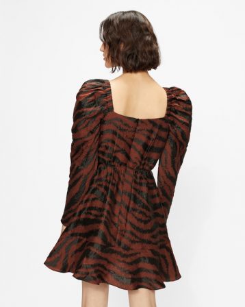 Ted Baker BRODII Puff shoulder animal print mini dress Black Brown