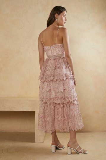 Oasis Lace Tiered Strappy Midi Dress Blush Light Pink