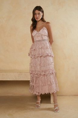Oasis Lace Tiered Strappy Midi Dress Blush Light Pink