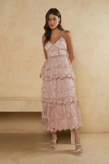 Oasis Lace Tiered Strappy Midi Dress Blush Light Pink