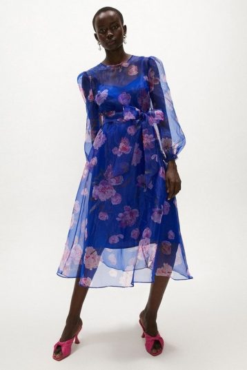 Coast Floral Long Sleeve Organza Midi Dress Cobalt Blue Blush