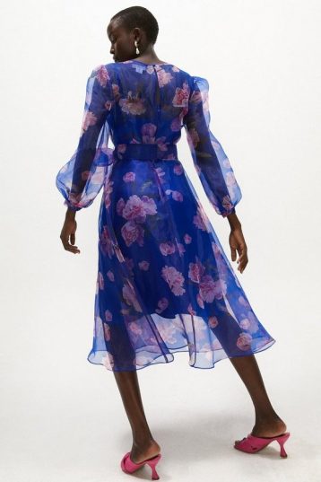 Coast Floral Long Sleeve Organza Midi Dress Cobalt Blue Blush