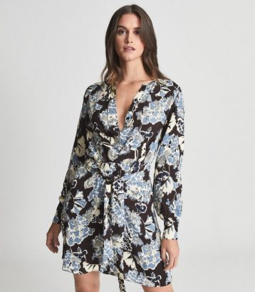 Reiss Abbie Floral Printed Mini Dress Blue Black White