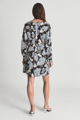 Reiss Abbie Floral Printed Mini Dress Blue Black White