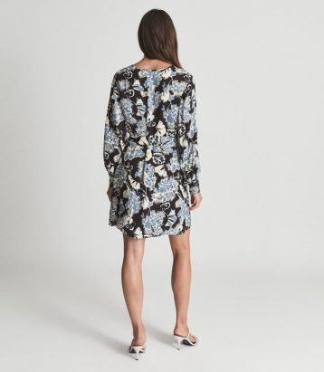 Reiss Abbie Floral Printed Mini Dress Blue Black White