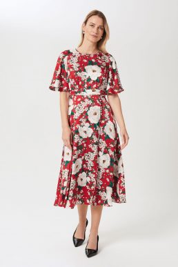 Hobbs Bella Floral Print Satin Midi Dress Red Ivory Multi