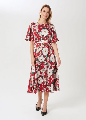 Hobbs Bella Floral Print Satin Midi Dress Red Ivory Multi