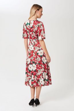 Hobbs Bella Floral Print Satin Midi Dress Red Ivory Multi