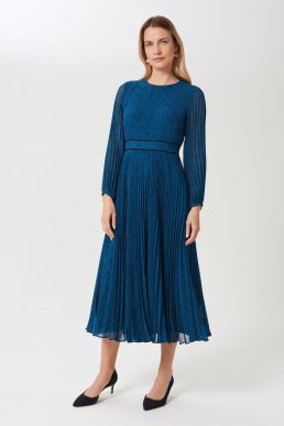 Hobbs Isabella Spot Pleated Midi Dress Kingfisher Blue