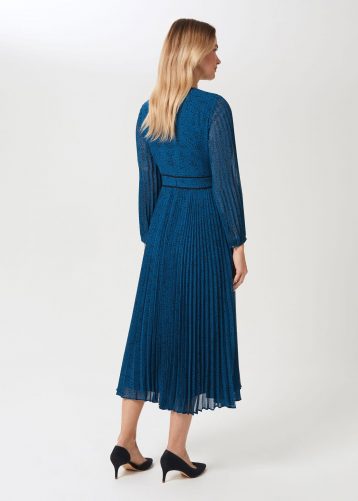 Hobbs Isabella Spot Pleated Midi Dress Kingfisher Blue