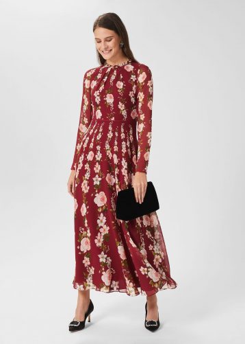 Hobbs Rosabelle Silk Floral Dress Red Ivory Multi