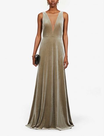 Jenny Yoo Logan Plunging Illusion V Neck Velvet Bridesmaid Gown Dress Sage Gold