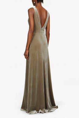 Jenny Yoo Logan Plunging Illusion V Neck Velvet Bridesmaid Gown Dress Sage Gold