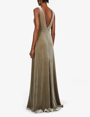 Jenny Yoo Logan Plunging Illusion V Neck Velvet Bridesmaid Gown Dress Sage Gold