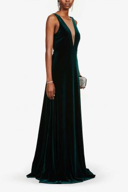 Jenny Yoo Logan Plunging Illusion V Neck Velvet Gown Dress, Emerald Green