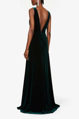 Jenny Yoo Logan Plunging Illusion V Neck Velvet Gown Dress Emerald Green