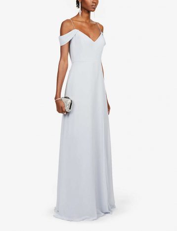 Jenny Yoo Priya Off The Shoulder Long Chiffon Gown Dress Whisper Blue Light Grey