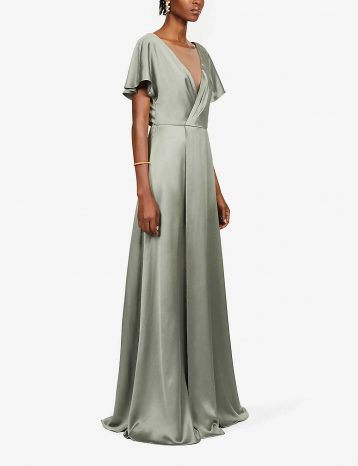 Jenny Yoo Raya V-neck satin bridesmaid gown Moss Green