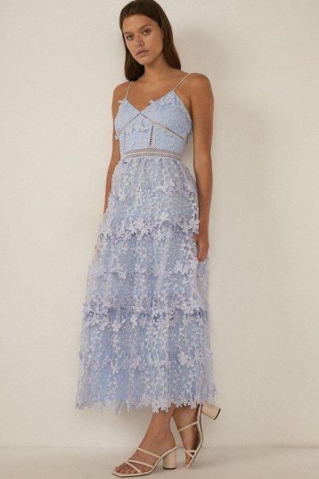 Oasis Lace Tiered Strappy Midi Dress Light Blue