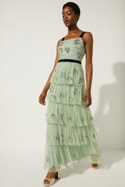 Oasis Oasis Velvet Trim Embellished Tiered Maxi Dress Sage Green